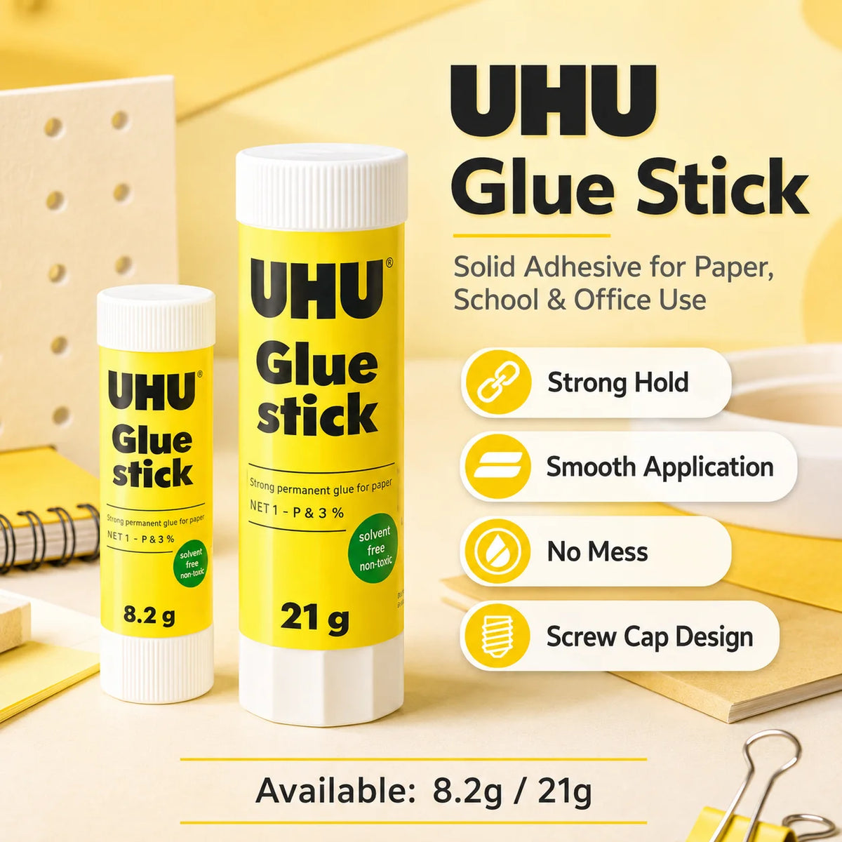 Colla stick UHU 8.2g 21g, colla solida forte, senza disordine, per scuola, ufficio, artigianato, carta.