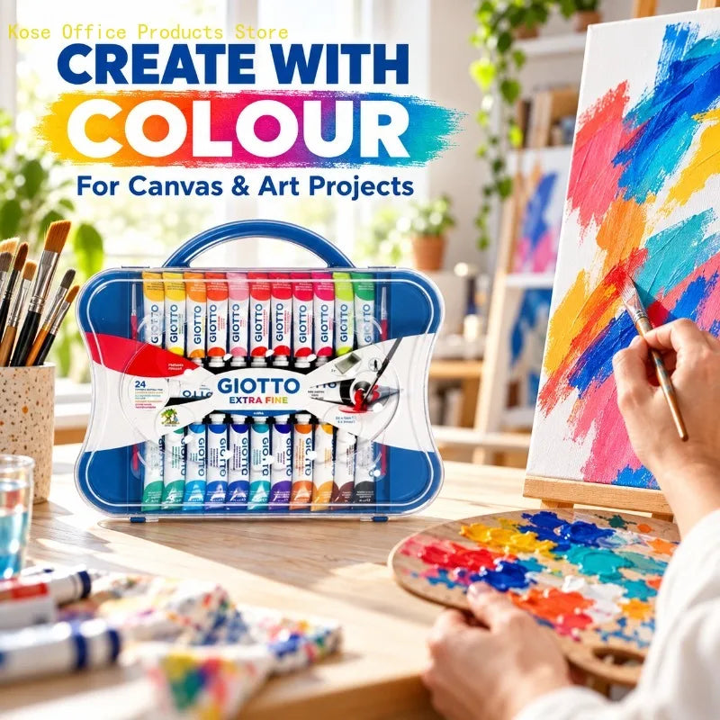 Set di colori a tempera GIOTTO, 24 colori, tubetti da 12 ml, pennello extra fine, con custodia riutilizzabile per il trasporto, ideale per dipingere, miscelare i colori, per l’uso in classe e per attività artistiche domest