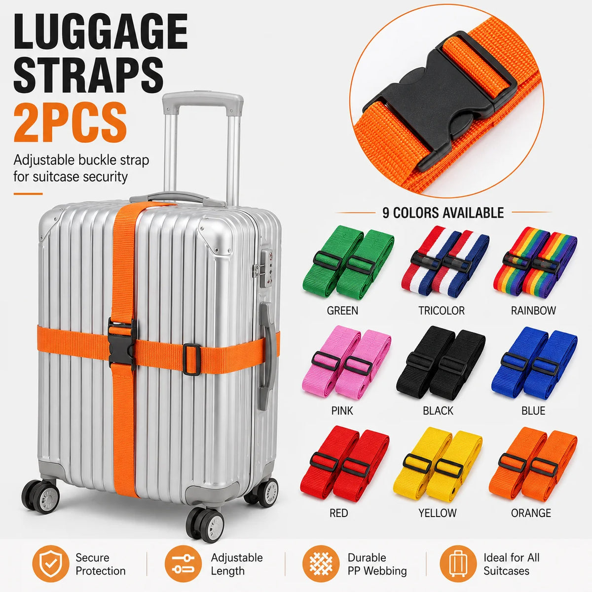 2 Pezzi Cinghie per Valigie a Forma Dritta, Cintura per Bagagli in Poliestere con Fibbia Regolabile, Accessorio da Viaggio Unisex