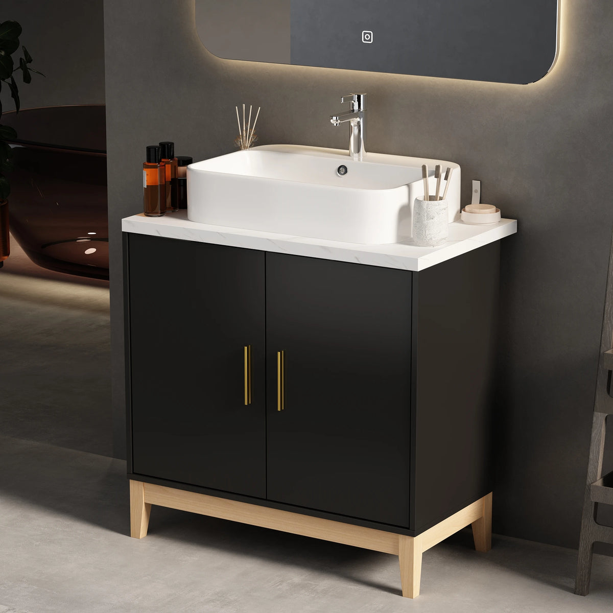 Mobile da bagno moderno con lavabo e 2 ante portaoggetti, mobile lavabo con porta troppopieno e maniglie in metallo, nero