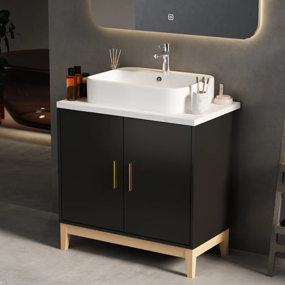 Mobile da bagno moderno con lavabo e 2 ante portaoggetti, mobile lavabo con porta troppopieno e maniglie in metallo, nero