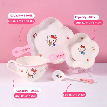 WUHE Set di Stoviglie per Bambini Hello Kitty, Ciotole e Piatti in Melamina, Design Cartoon per Ragazze, Senza BPA, Infrangibile, Lavabile in Lavastoviglie