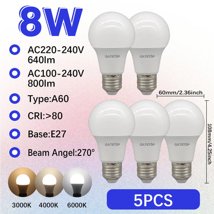 1-10 Pezzi Lampadine LED 8W AC 110V 220V E27, Illuminazione Calda e Diurna, RA80, per Casa, Lampade di Alta Qualità