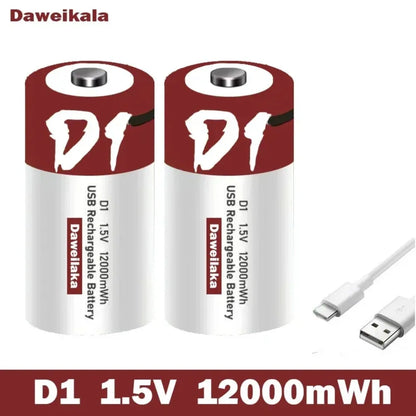 Batteria agli ioni di litio da 1,5 V formato D, 12000 mWh, ricaricabile tramite USB per torce, scaldabagni, giocattoli, include cavo di ricarica gratuito