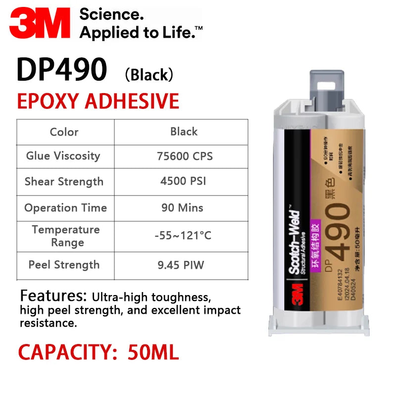 Adesivo Strutturale Epossidico Bicomponente Nero 3M DP490 Scotch-Weld 50mL 2:1 Anti-Scorrimento ad Alta Resistenza per Metallo Composito