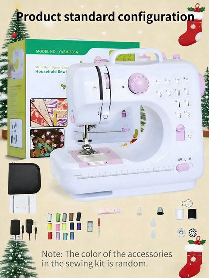 Macchina da cucire elettrica portatile per uso domestico, con 12 tipi di punto, alimentazione a corrente alternata e a batteria, dotata di un kit di accessori da 32 pezzi, leggera e facile da usare, ideale per principianti, p