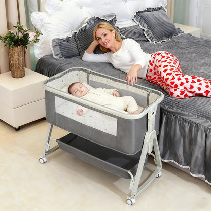 Culla 4-in-1 per Neonati, Culla Co-sleeping con Ruote Integrate, con Materasso e Zanzariera, Grigio, 91L X 50L X 68-81H Cm