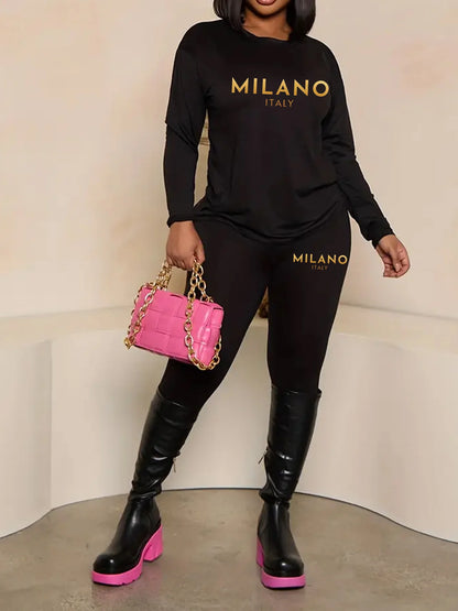 Completo sportivo da donna, T-shirt a maniche lunghe con stampa MILANO taglie forti Top e pantaloni comodi elasticizzati medi Completo fitness