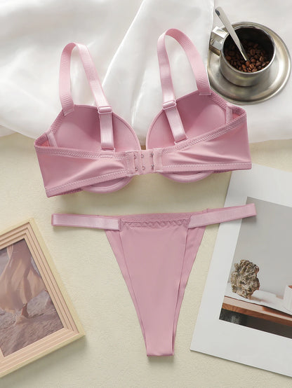 Set da donna rosa Set di lingerie quotidiana in tinta unita, reggiseno push-up, comodo set di lingerie aderente, il seno piccolo appare più grande 2051