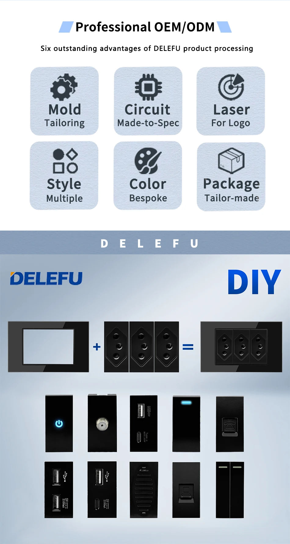 DELEFU Modulo Presa Combinabile Tipo-C Brasile - Uso Domestico - Nero - Assemblaggio Fai-da-te - Presa con Interruttore per Ricarica Rapida USB Tipo-C