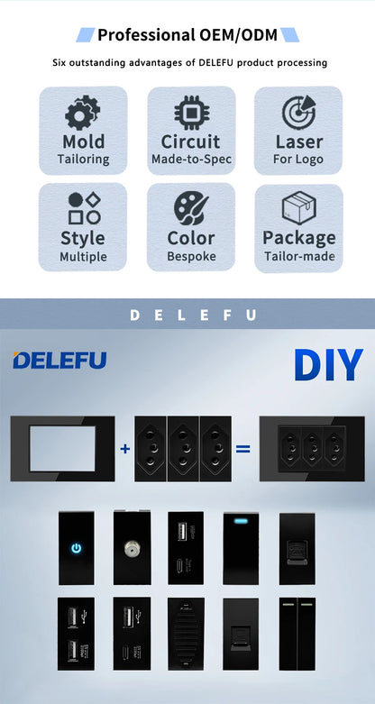 DELEFU Modulo Presa Combinabile Tipo-C Brasile - Uso Domestico - Nero - Assemblaggio Fai-da-te - Presa con Interruttore per Ricarica Rapida USB Tipo-C