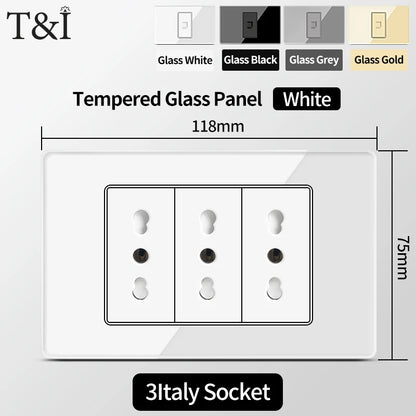 Prese per interruttori a muro T&I con tipo USB  C Ricarica rapida, presa Italia, presa Schuko Cile, pannello in vetro temperato per la casa