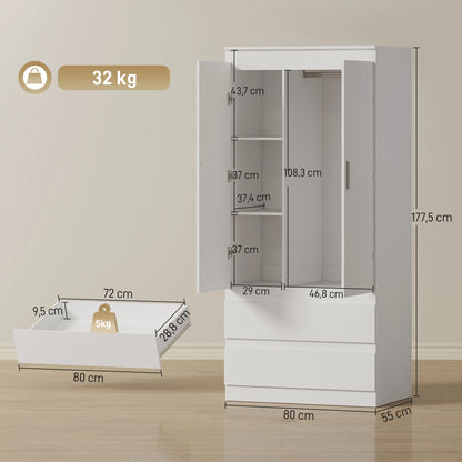 Armadio per Camera da Letto con 2 Ante, 2 Cassetti, 3 Scomparti, in Legno, Bianco