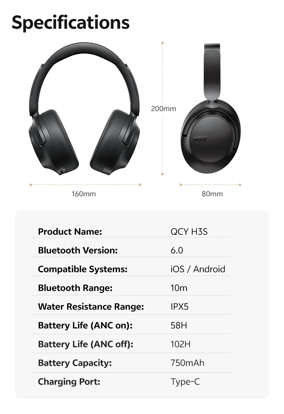 QCY H3S ANC Cuffie over Ear -56dB Cuffie con cancellazione del rumore Bluetooth 6.0 Auricolari audio spaziale LDAC ad alta risoluzione Doppio driver
