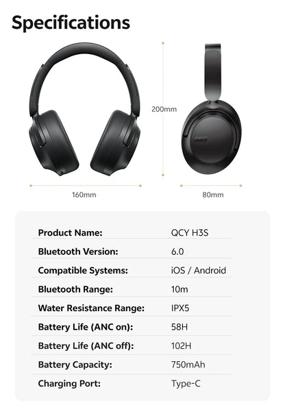 QCY H3S ANC Cuffie over Ear -56dB Cuffie con cancellazione del rumore Bluetooth 6.0 Auricolari audio spaziale LDAC ad alta risoluzione Doppio driver
