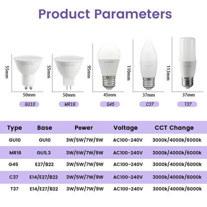 Lampadina intelligente regolabile a 3 temperature di colore CCT AC100-240V 3W 9W Lampadina LED GU10 MR16 E27 Luce spot Temperatura colore per l'illuminazione domestica