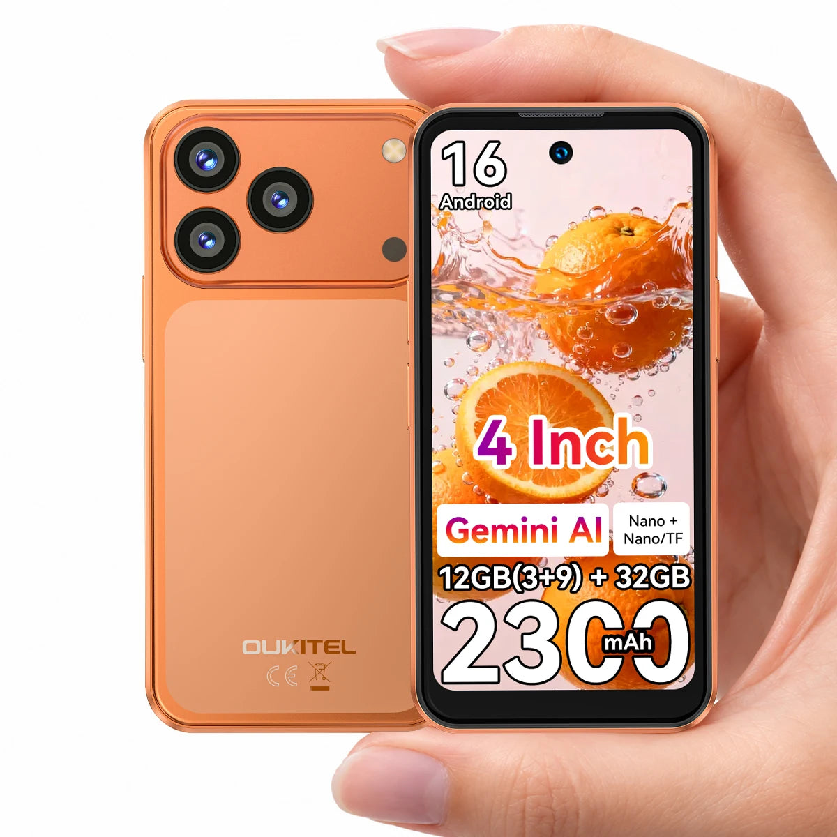 OUKITEL C17 mini, smartphone compatto, fino a 12 GB di RAM (3+9) + 32 GB di ROM, telefono tascabile ultra compatto, display mini da 4 pollici, batteria da 2300 mAh, tecnologia Gemini AI, smartphone Android sbloccato.