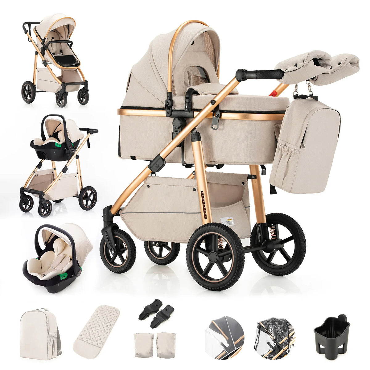 Passeggino 3 in 1 High Landscape per Neonati, Carrozzina Pieghevole Portatile di Lusso con Seggiolino Auto e Navicella da Viaggio