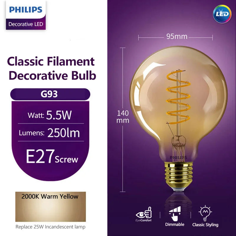 Philips LED G93 Lampadina decorativa a sfera grande a filamento classico 5,5 W = 25 W) E27 220-240 V Lampada 2000 K Luce calda dimmerabile LED oro ambra