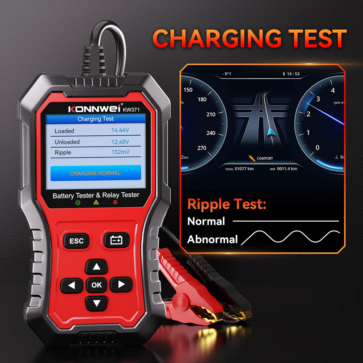 Tester Batteria Auto 2in1 KONNWEI KW371 2026 e Tester Relè a 4 Pin 5 Pin 6V 12V 24V con Stampa Dati Guasto, Test Avvio e Strumento di Scansione Ricarica
