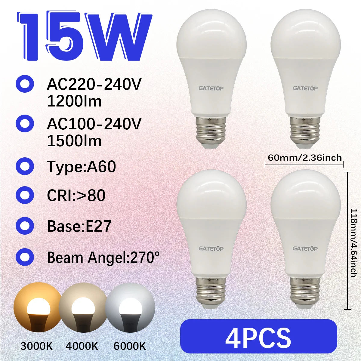 Confezione da 1-10 Lampadine LED 15W 120V 220V 3000K 4000K 6000K Luce Diurna CRI80 Senza Sfarfallio per Illuminazione Domestica Camera da Letto