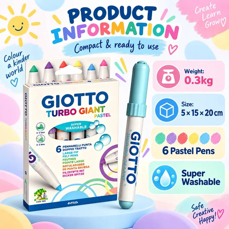 GIOTTO Set da 6 Pennarelli Pastello Turbo Giant Super Lavabili con Punta Larga in Feltro per Disegno, Colorazione, Progetti Artistici Scolastici per Bambini
