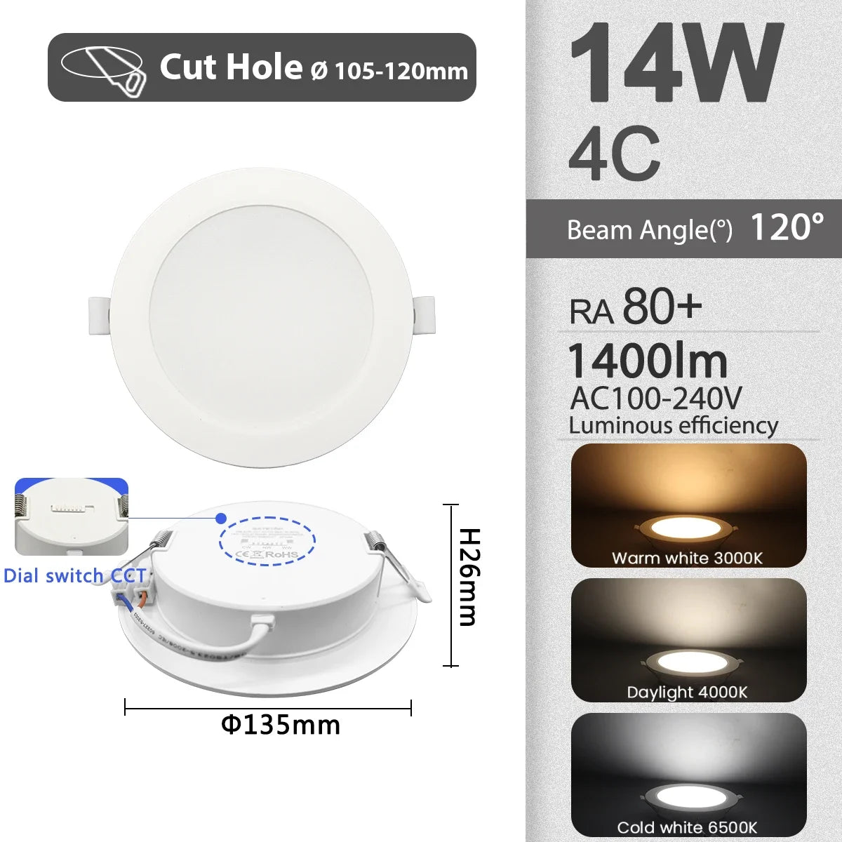6 pezzi Spot LED da incasso a soffitto 3 CCT 3000K 4000K 6500K AC 220V 110V Bianco caldo freddo Lampada da incasso rotonda Faretto a LED Illuminazione