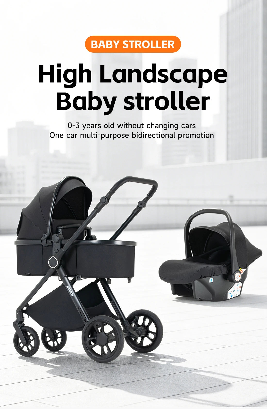 Passeggino 3-in-1 Pieghevole per Neonati con Seggiolino Auto e Culla, Telaio in Alluminio Leggero, Passeggino Estivo Traspirante per Panorami