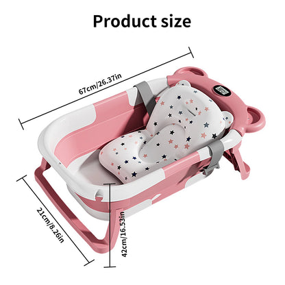 Vasca da Bagno Pieghevole per Neonati con Termometro, Tappetino Antiscivolo, Cuscino di Supporto, Vasca Portatile per Doccia Neonati 0-15M, Piscina da Viaggio