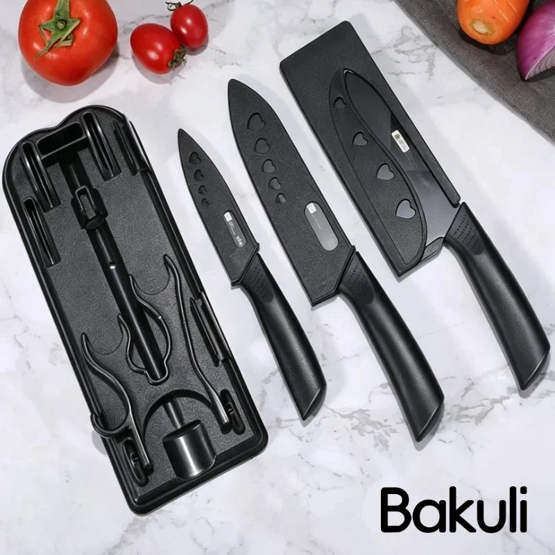 Set di coltelli da cucina, compresi coltello da chef, mannaia e coltello da frutta, con ceppo portacoltelli, adatto per sbucciare carne e verdure