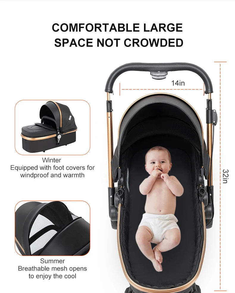 Sistema di trasporto per bambini 3 in 1 con seggiolino auto per neonati e navicella, passeggino pieghevole reversibile a 360 gradi, carrozzina alta per neonati fino a 3 anni, cintura di sicurezza a 5 punti, tettuccio in pelle