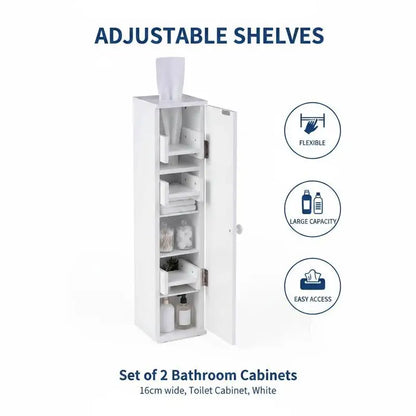 Set di 2 mobili da bagno con 3 ripiani rimovibili, larghezza 16 cm, mobiletto per WC, bianco