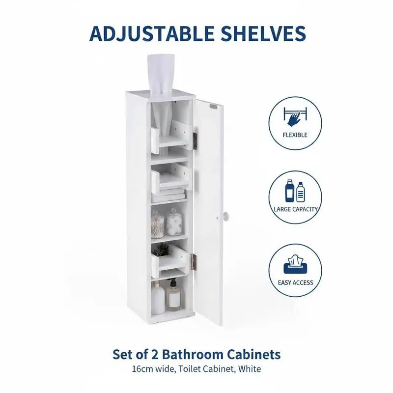 Set di 2 mobili da bagno con 3 ripiani rimovibili, larghezza 16 cm, mobiletto per WC, bianco