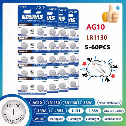 Batteria a bottone AG10 LR1130 LR 1130 SR1130 389A LR54 L1131 per batterie alcaline, orologi, apparecchi acustici, torce, calendari, giocattoli 1.55V