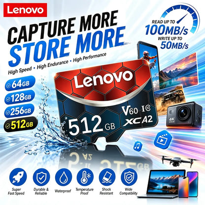 Scheda di memoria Micro SD TF Lenovo A2 U3, 128 GB, 256 GB, 512 GB, scheda TF ad alta velocità per video, compatibile con droni DJI Pocket4 e action camera GoPro HERO.