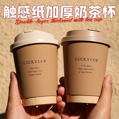 50 pz 330/400/500 ml Bicchieri di carta usa e getta Marrone Stampa a caldo Tazza di tè al latte con coperchio Boccale di caffè per bevande calde e fredde a doppio strato