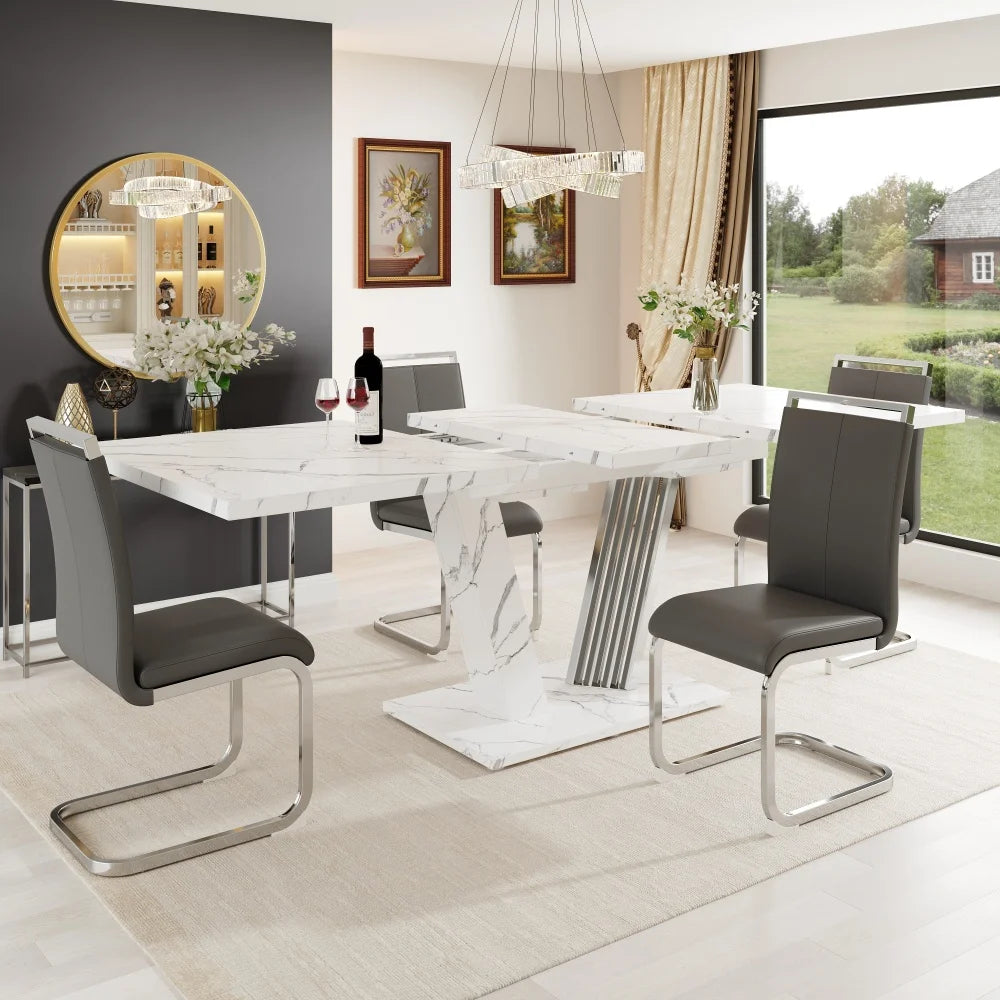 Tavolo Estraibile 120-160x80x76cm con Piano in Marmo, Tavolo da Pranzo con Piano Allungabile e Struttura a Farfalla per Cucina e Soggiorno