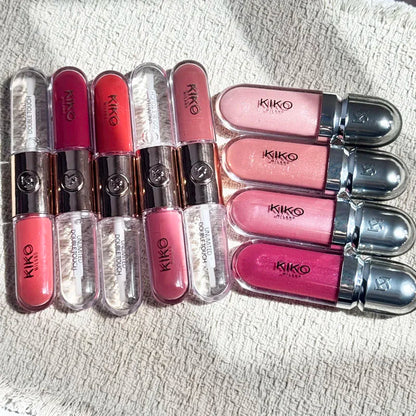 KIKO Unlimited Blush, fard in polvere monocromatico, e Unlimited Double Touch, lucidalabbra in edizione limitata, lucidalabbra 3D Hydra, 25 colori.