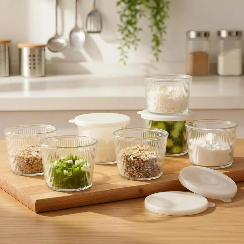 Set di 4/6 Piccole Ciotole in Vetro con Coperchio, Contenitori Impilabili in Vetro Trasparente a Righe per Dessert, Budini, Salse, Salse Piccanti, Noci, Avena, Caramelle, Dolciumi