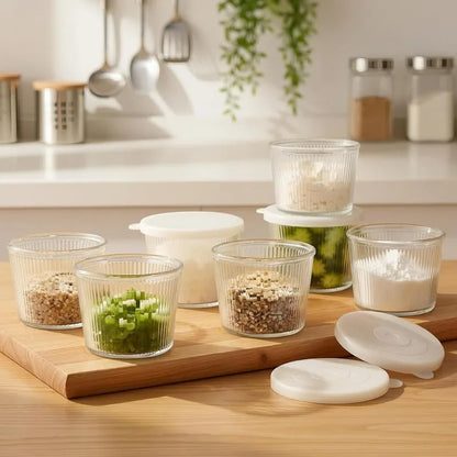 Set di 4/6 Piccole Ciotole in Vetro con Coperchio, Contenitori Impilabili in Vetro Trasparente a Righe per Dessert, Budini, Salse, Salse Piccanti, Noci, Avena, Caramelle, Dolciumi
