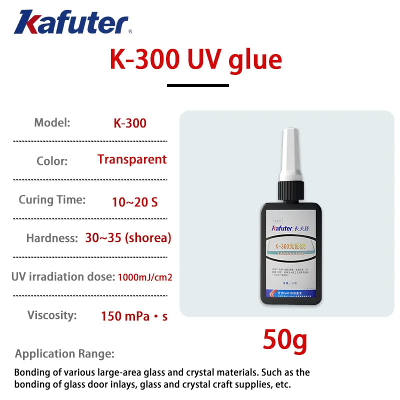 Adesivo UV Kafuter K-300 K-302 K-303 K-306, Colla Trasparente per Vetro, Acrilico e Cristallo, per Riparazioni Fai-da-Te, 50g