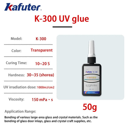 Adesivo UV Kafuter K-300 K-302 K-303 K-306, Colla Trasparente per Vetro, Acrilico e Cristallo, per Riparazioni Fai-da-Te, 50g