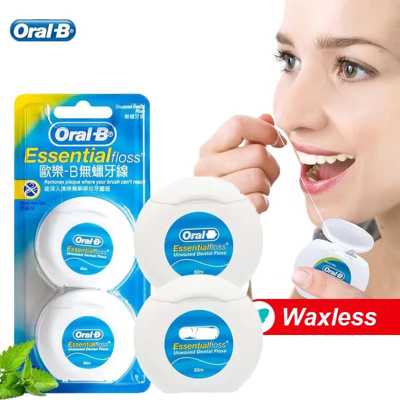 Filo Interdentale Oral B Essential Senza Cera, 2 Confezioni da 50m Ciascuna, per Pulizia Interdentale e Cura delle Gengive