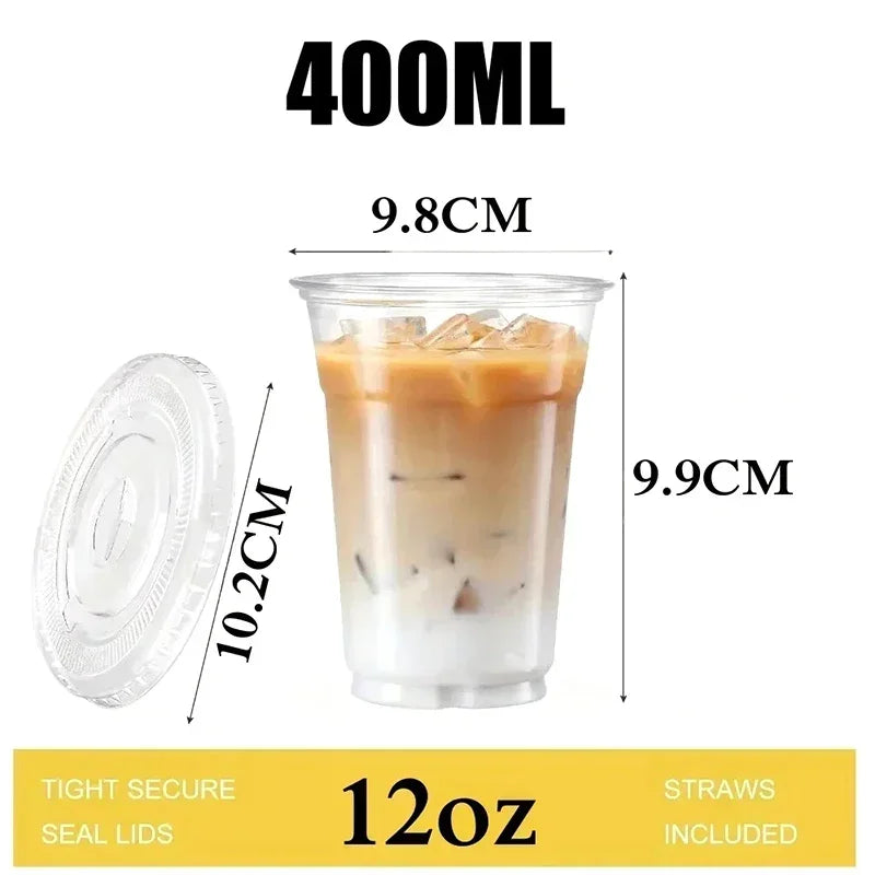 100 Bicchieri in Plastica Trasparente con Coperchi da 350ml, Contenitori Monouso per Bevande Fredde, Bubble Tea, Caffè Ghiacciato, Succhi, Frullati, Forniture per Feste
