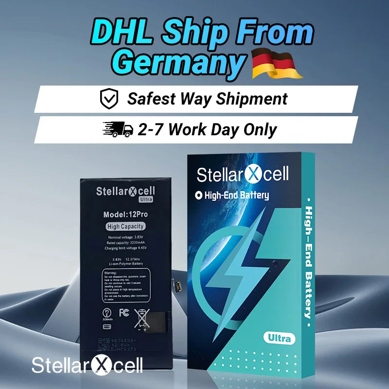 Batteria StellarXcell Ultra per iPhone, Spedita dalla Germania, per iPhone 12 12Pro 12Promax, Batteria ad Alta Capacità, Batteria di Alta Qualità, Sostituzione Batteria iPhone con Strumenti Gratuiti, 0 Cicli, Mostra il 100%