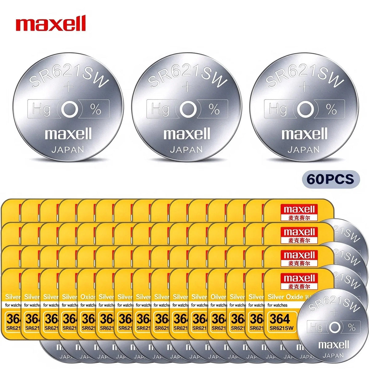 10-100PCS Batteria a bottone Maxell SR621SW 364 in ossido d'argento 1,55V AG1 LR621 per orologio da polso e orologio al quarzo