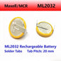 Batteria a bottone ricaricabile al litio Maxell ML2032 con terminali per saldatura, 3V, distanza tra i piedini 20 mm, per schede madri CMOS