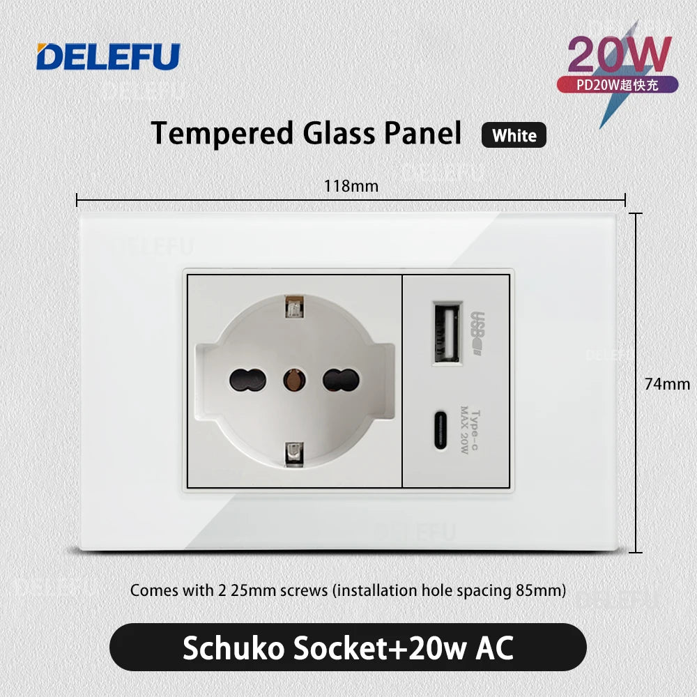DELEFU Presa a Muro in Vetro Temperato Bianco Italia USB Tipo C Ricarica Rapida Interruttore Schuko TV Satellitare Citofono Cile