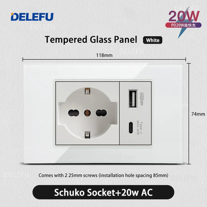 DELEFU Presa a Muro in Vetro Temperato Bianco Italia USB Tipo C Ricarica Rapida Interruttore Schuko TV Satellitare Citofono Cile