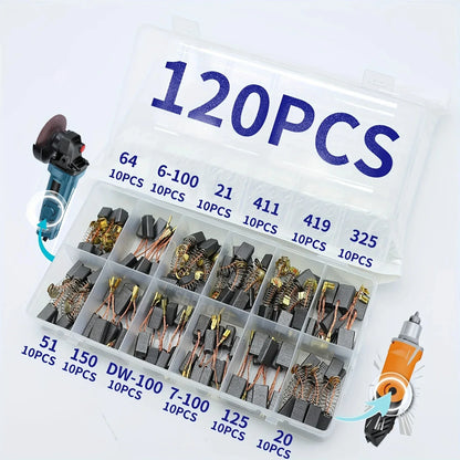 Set Universale di 120 Spazzole in Carbonio di Varie Dimensioni, 12 Specifiche, Spazzole di Ricambio per Manutenzione Utensili Elettrici Fai-da-Te